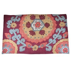Pottery Barn Beaded Suzani Pillow Cover 16x26 Maroon Linen Embroidered Boho READ